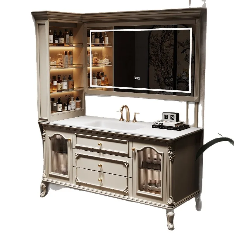 American light luxury floor-standing bathroom cabinet with French vintage washbasin, bathroom sink, sink side cabinet