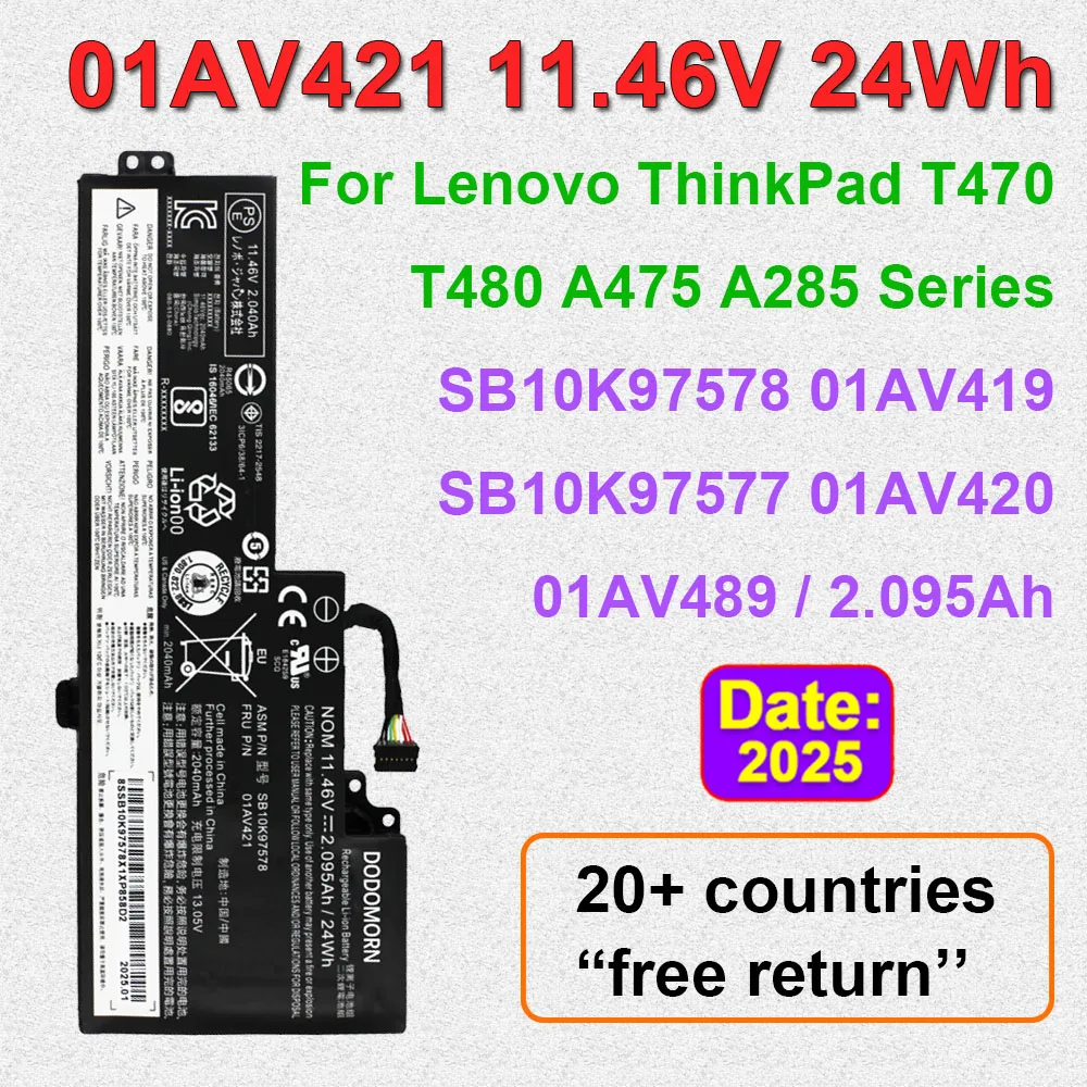 

LAPTOP BATTERY For Lenovo 01AV421 ThinkPad T470 T480 A475 A485 TP25 SB10K97578 01AV419 01AV420 01AV489 SB10K97576 11.46V 24Wh
