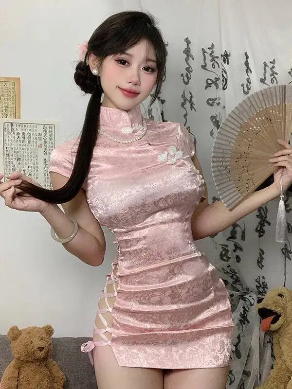 Chinese Style Jacquard Sexy Classical Cheongsam Short Sleeve Both Sides Drawstring Tight Fitting Wrap Buttocks Dress Elegant TWG