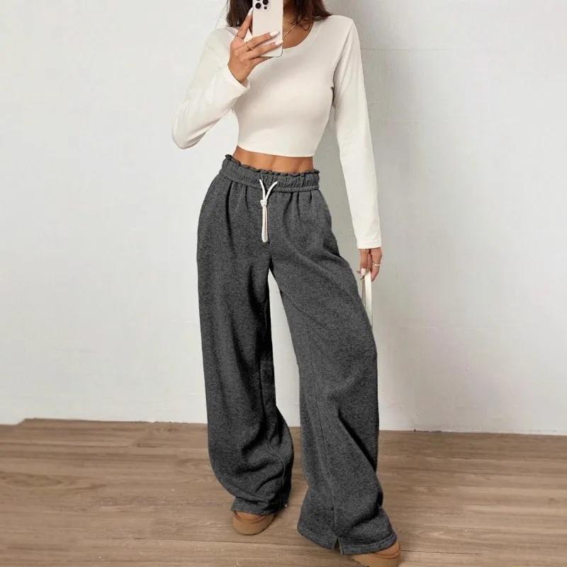 Autumn and Winter Casual Loose Sweatpants, Wide-leg Long Pants, Women's Straight-leg Drawstring Pocket Pants for Women