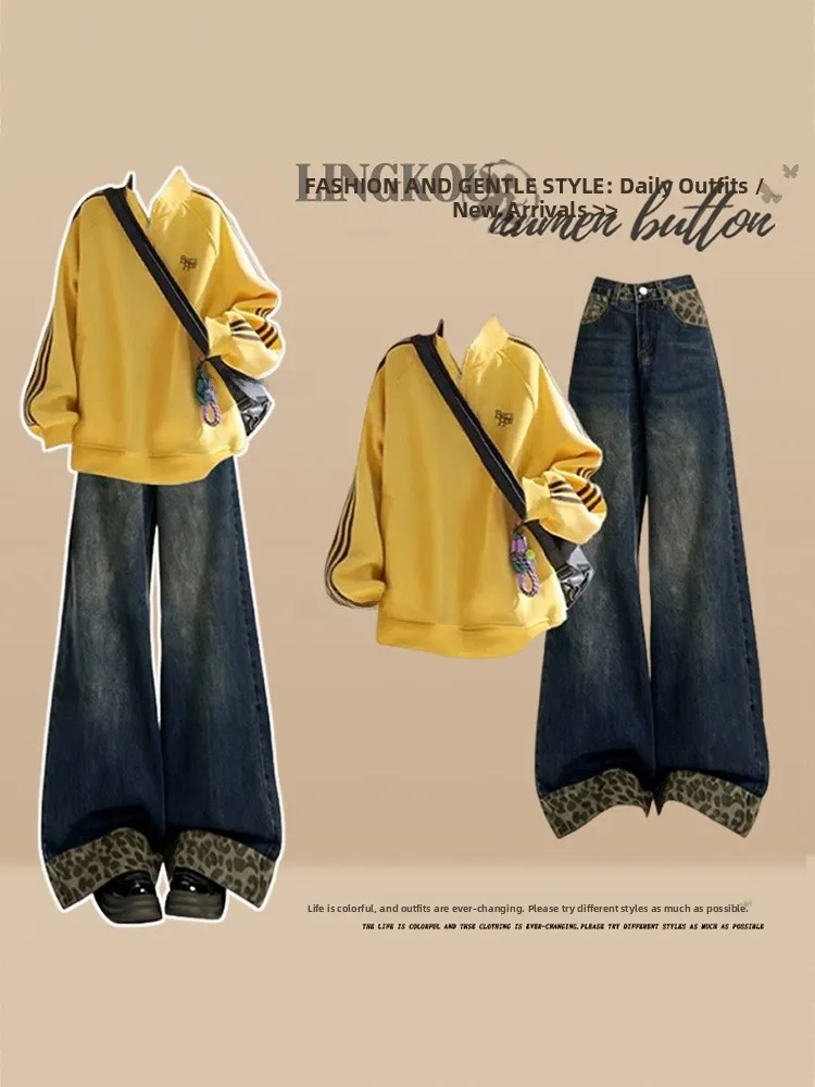 

plus Size Autumn Winter Set Women Loose Slimming Dopane Hoodie High Waist Retro Leopard Print Jeans Two Piece Set