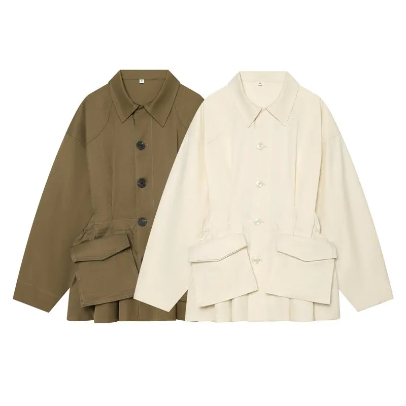 XNWMNZ High Quality  2026 New Women's Summer Casual Oversized Cotton Twill Jacket Button Down Shirt Pleated Hem Workwear Jacket