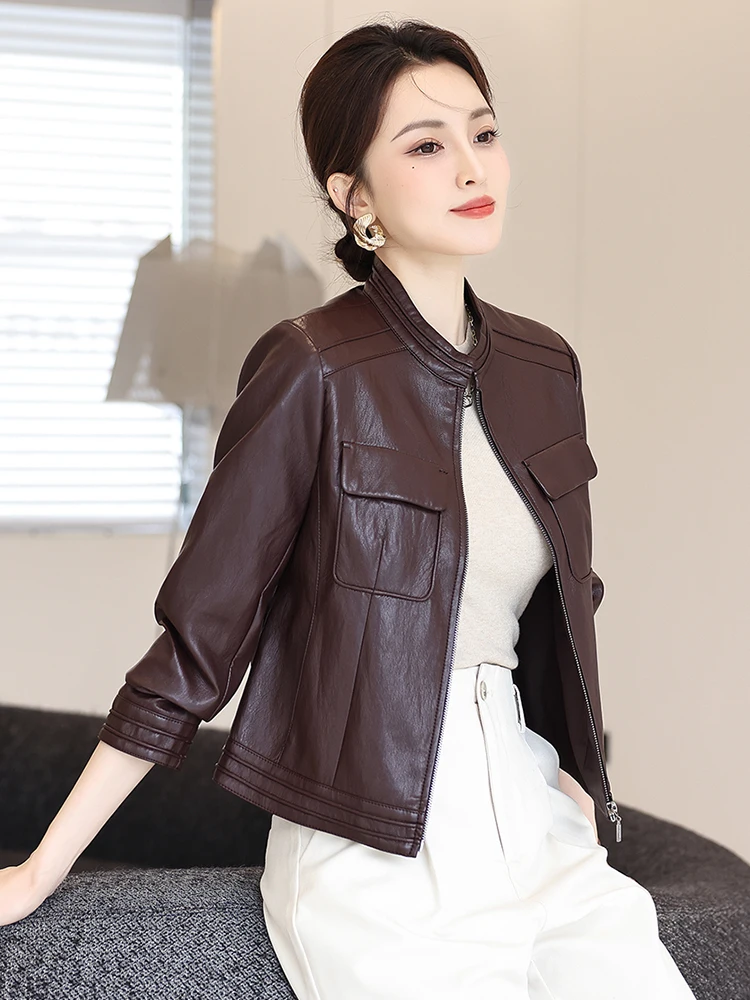   Ning Veste en cuir véritable pour femme, style motard, en peau de mouton, coupe ajustée, nouvelle collection printemps-automne