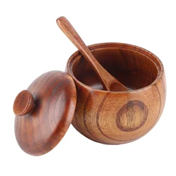 1Set Solid Wood Spice Jar Seasoning Sugar Jar Pot Bowl with Spoon and Lid for Kitchen Tool