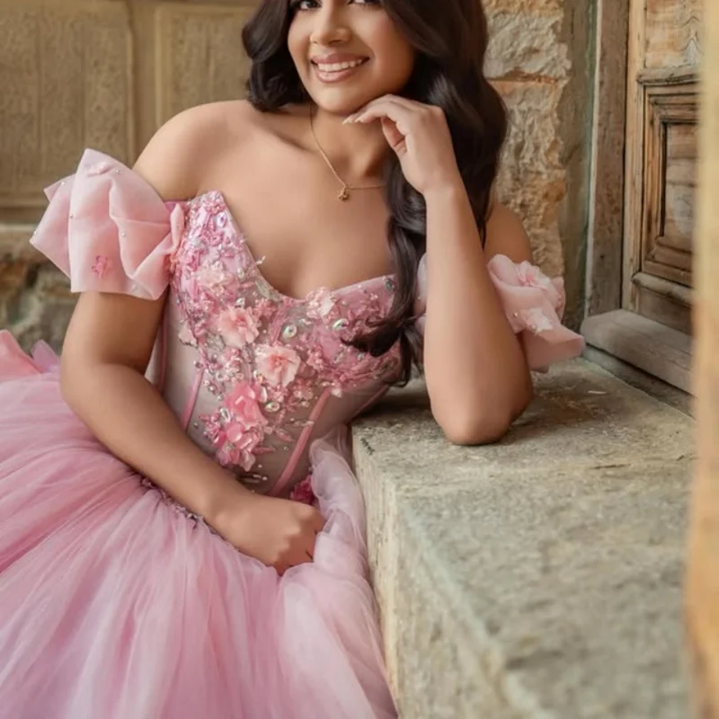 

Pink Quinceanera Dresses Off the Shoulder Glitter Decal Lace 3D Flower Long tail Bow Vestidoe 15 Quinceanera Customize