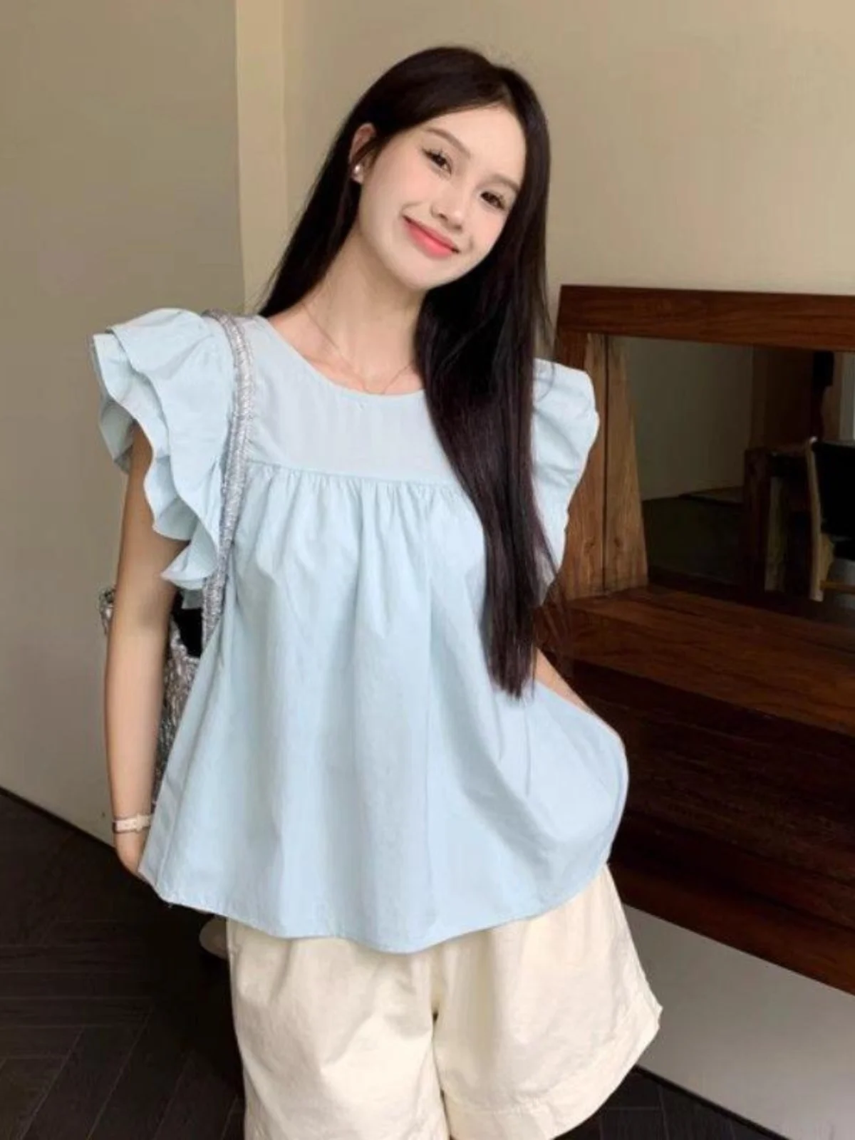 

Chic Summer irt Sweet Innocent Fly Sve round Ne Casual Loose Fit No Brand Pure Color Ele Top for Women