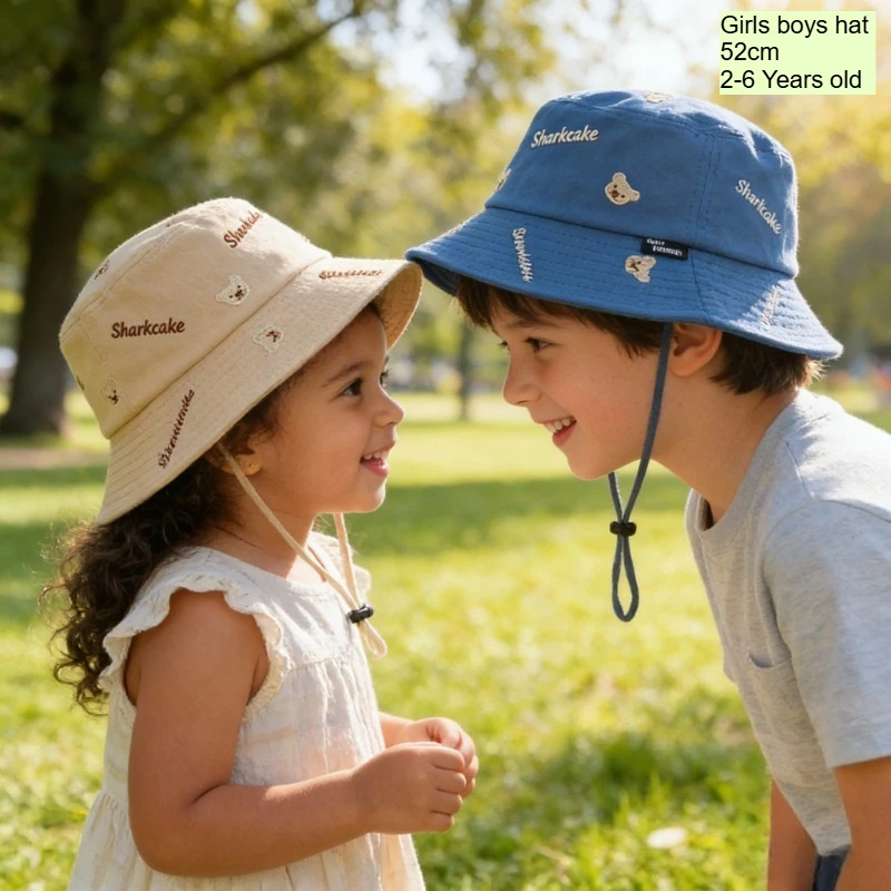 

Children Fisherman Hat 52cm 2-6 Years Kids Bucket Hat Cartoon Bear Cotton Outdoor Sun Cap Letter Print New for Boys Girls