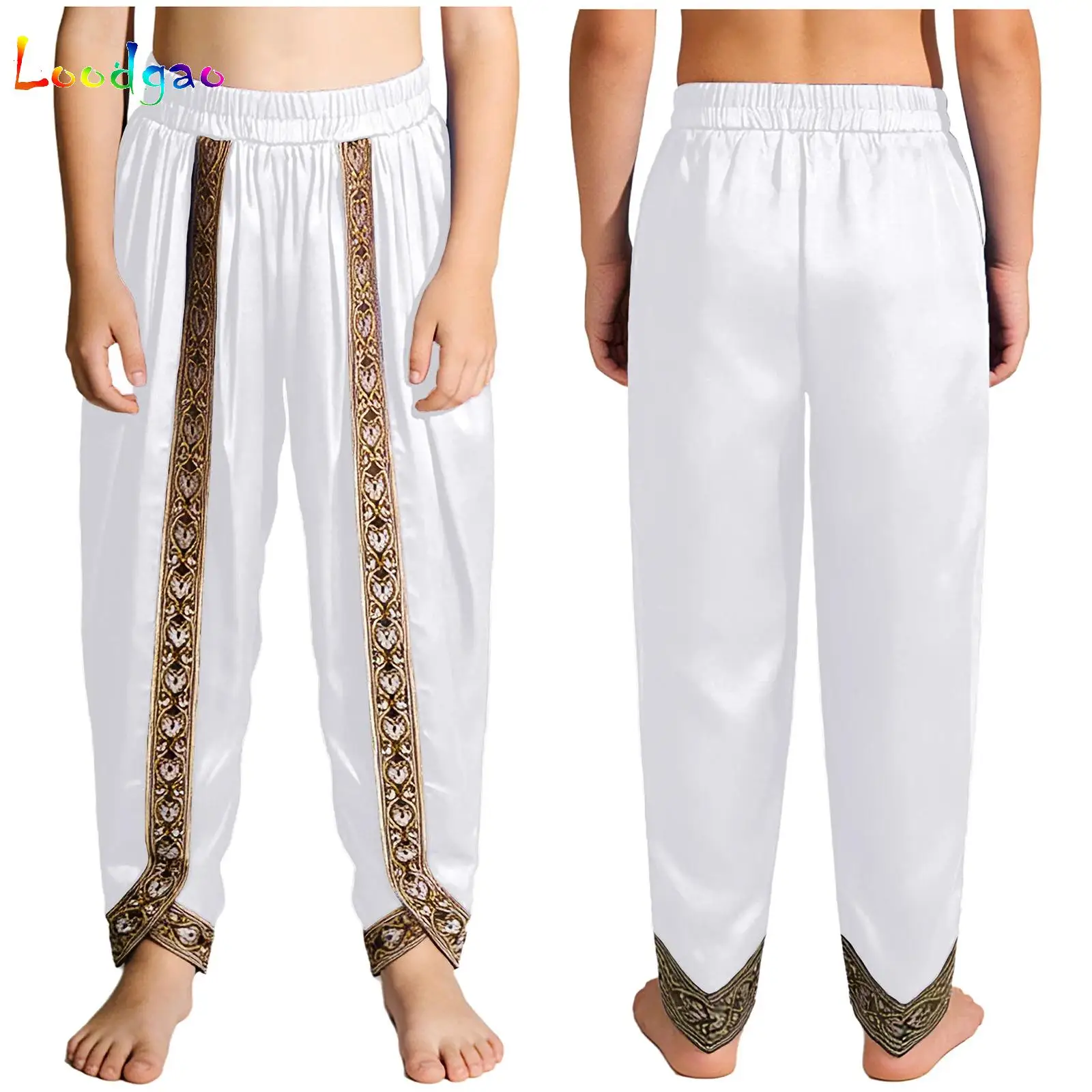 

Boys Arabian Prince Costume Satin Dhoti Pants Kids Embroidered Trim Draped Baggy Bloomers Halloween Carnival Cosplay Trousers