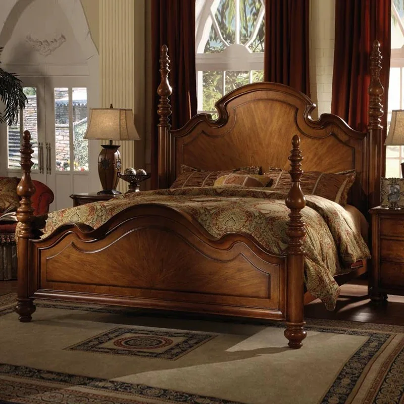 &c American Light Luxury king Bed Retro Double Full Solid Wood Bed Master Bedroom High-end French Country Pillar