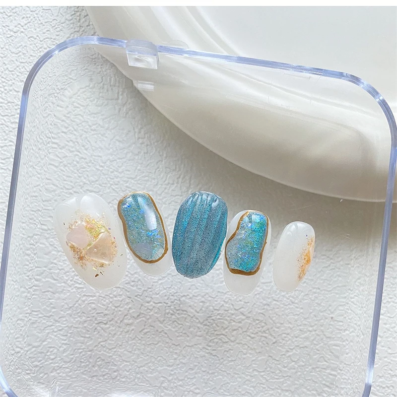 

Glitter Handmade Press On Nails Design Blue Shell Full Cover Short Oval False Nails Cat Eye Wearable Manicure Kit Fake Nail Tips
