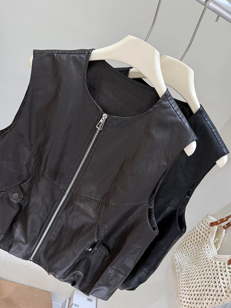 Cerniera dimagrante Faionable rotonda Ne Svel Gilet in pelle Canotta ampia da donna Capispalla Pendolarismo Sle Lunghezza regolare