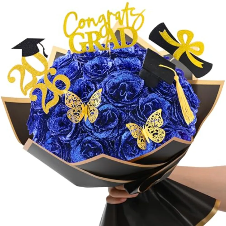 

2026 Graduation Gift for Her, Glitter Roses Bouquet for Graduation, DIY Fake Flowers Bouquet with Graduation Stand-Up Signs, 36