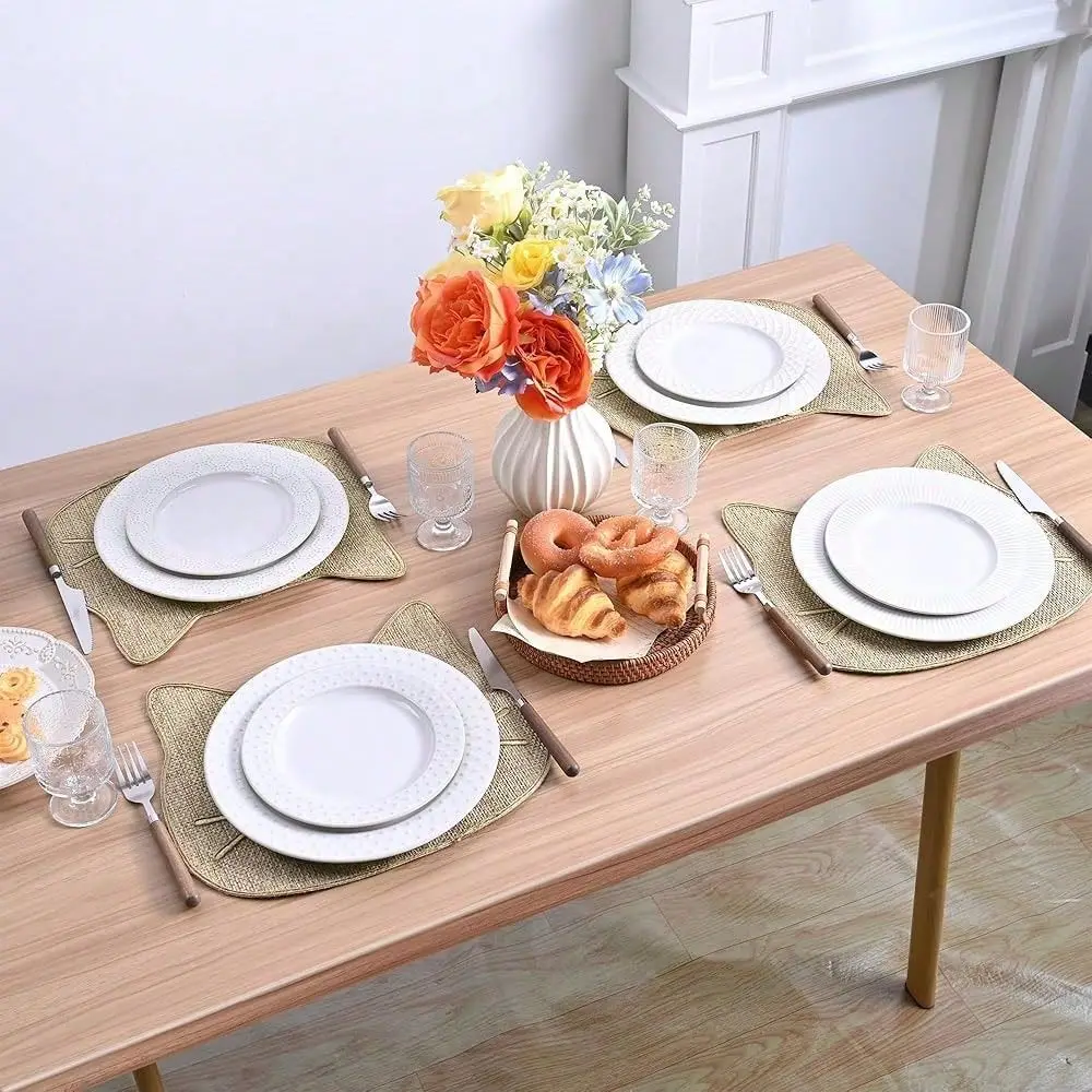 

Cat Shaped Burlap Placemats Set Of 2, Place Mats NonSlip Heat Resistant Washable Placemat For Party Kitchen Dining Table Decora