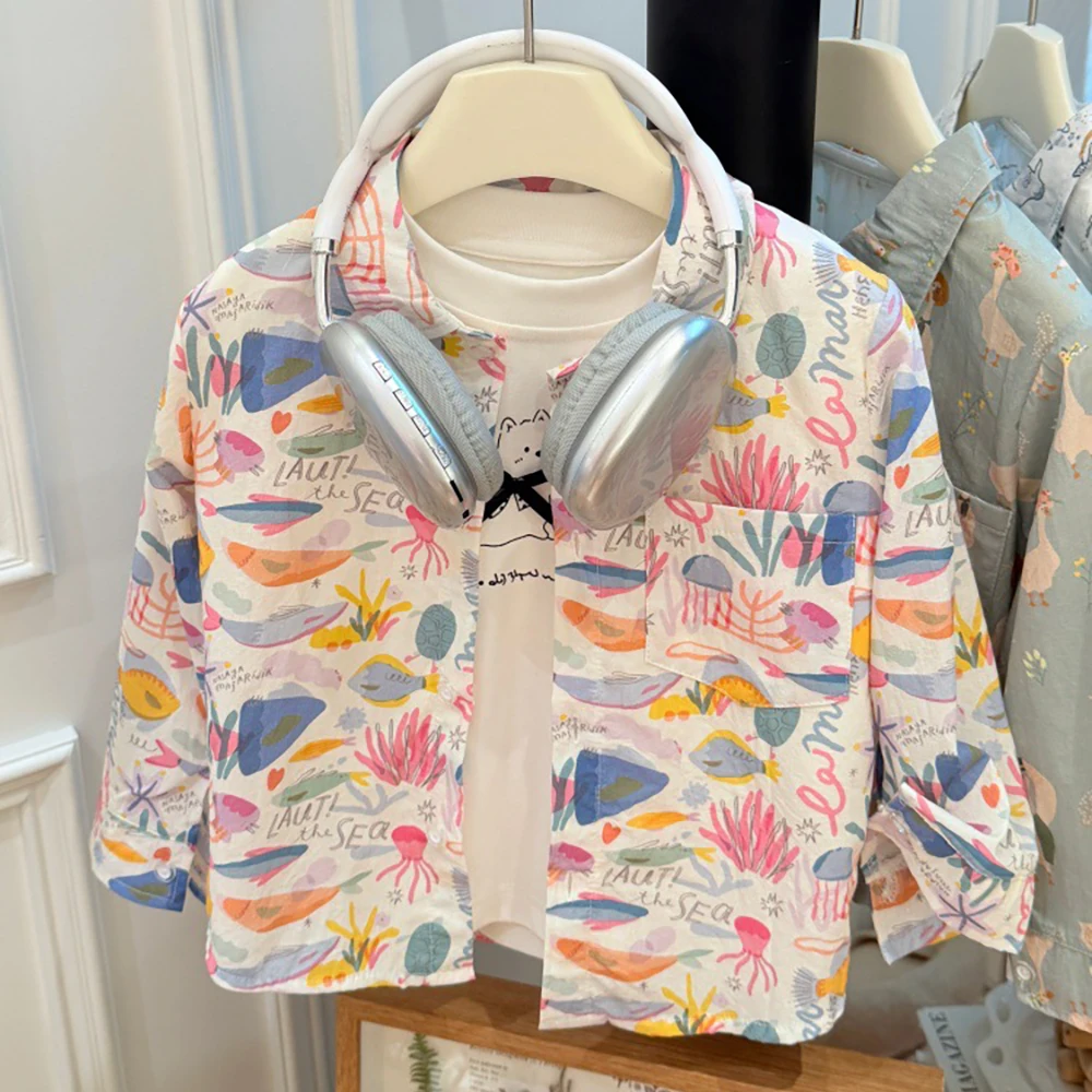Kids Floral Shirts Spring Autumn Cartoon Print Casual Loose Chest Pocket Shirt for Girls Boys Beach Vacation Children Shirts Top