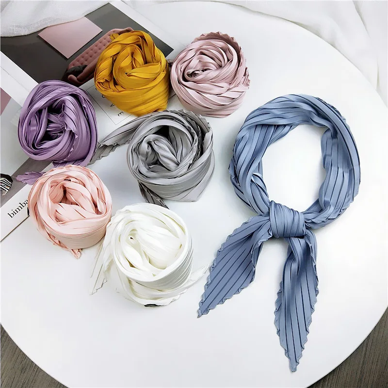 2024 Spring/Summer New Solid color 70*70cm Square Scarf Breathable Pleats Neckerchief Women’s Decorate Imitation Silk Bandannas