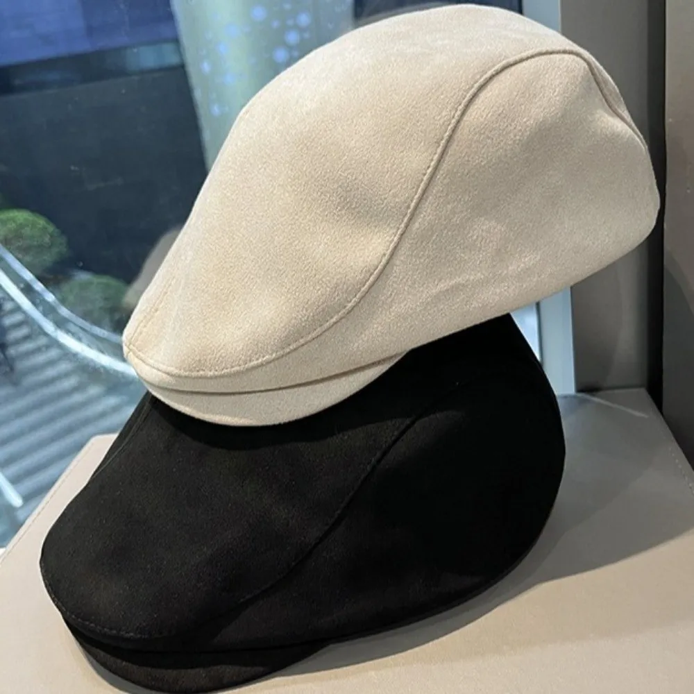 British Style Solid Color Suede Newsboy Cap Vintage Style Warm Winter Forward Hat Soft All-match Retro Flat Cap Travel