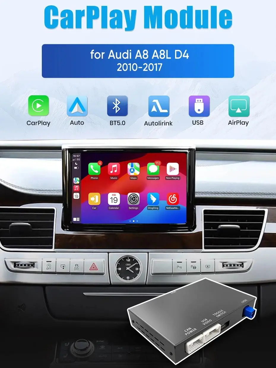 Junsun OEM Bildschirm-Upgrade-Decoder-Box, kabelloser CarPlay Android Auto Interface Adapter für Audi A8 2010-2017 MMI 3G, Bluetooth, MirrorLink, AirPlay, GPS-Navigation, beibehaltung der originalen
