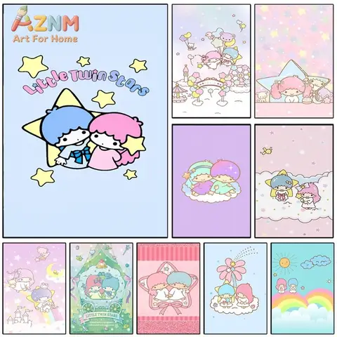 Little Twin Stars Blue Background Star Canvas Wall Art Sanrio Lovely Character Print Unframed Canvas Painting For Girls Room Wal