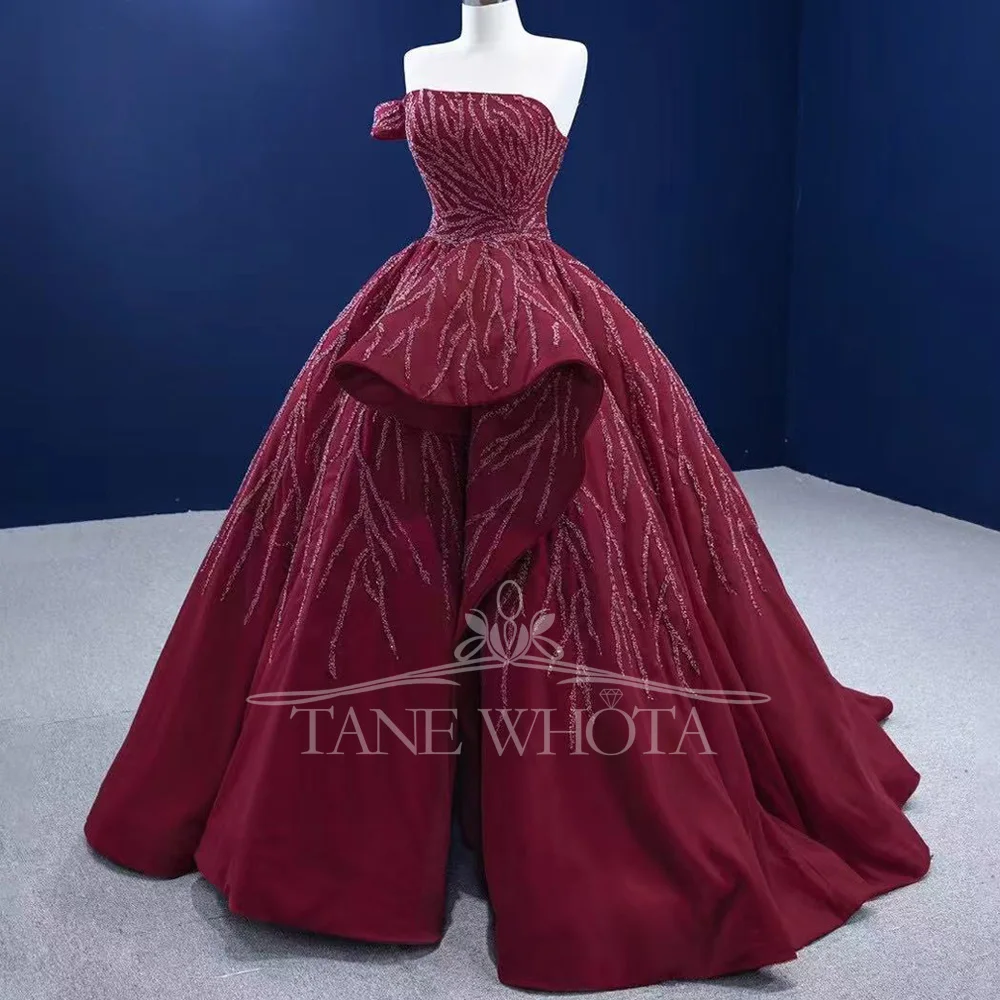 Luxurious Strapless Evening Dress for Women Sequined Lace-Up Back One-Should Ruched Long Prom Party Gown with Strapless Style