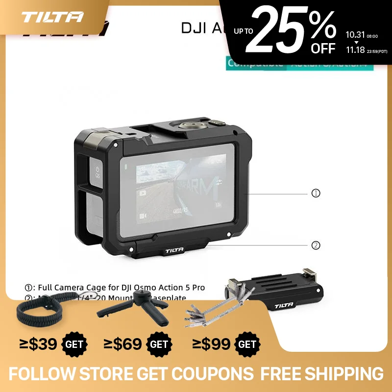 TILTA For DJI Osmo Action 5 Pro/4/3 Full Camera Cage with Cold shoe Enables Quick Battery Swaps TA-T72-A