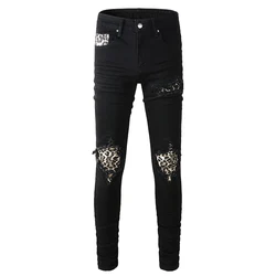 Men's Leopard Print Patch Jeans Streetwear Black Stretch Denim Skinny Tapered Pants Punk Ripped Patchwork Trousers