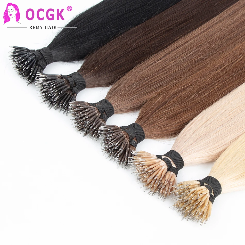 100 pçs nano anel extensões de cabelo humano 0.8g/1g/strand europeu remy em linha reta micro grânulos anel extensão do cabelo destaque cor