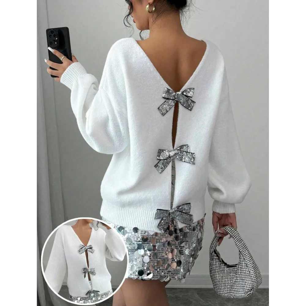Fall Winter Fashion Beaded Bow Long-Sleeved Sweater Women's Loose Simple Elegant Knitted Ladies Pullover (Can Be Worn Backwards)