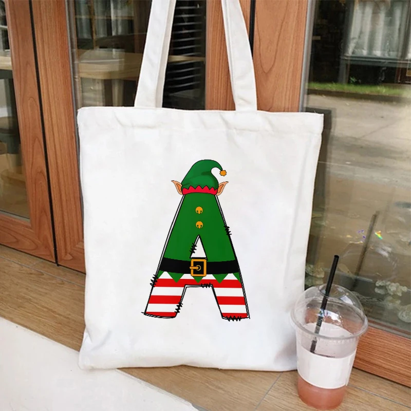 Christmas 26 Letters Canvas Bags for Women Shopper Handbags Environmental Storage Reusable Shoulder Tote Bag Cartoon Hand Bag