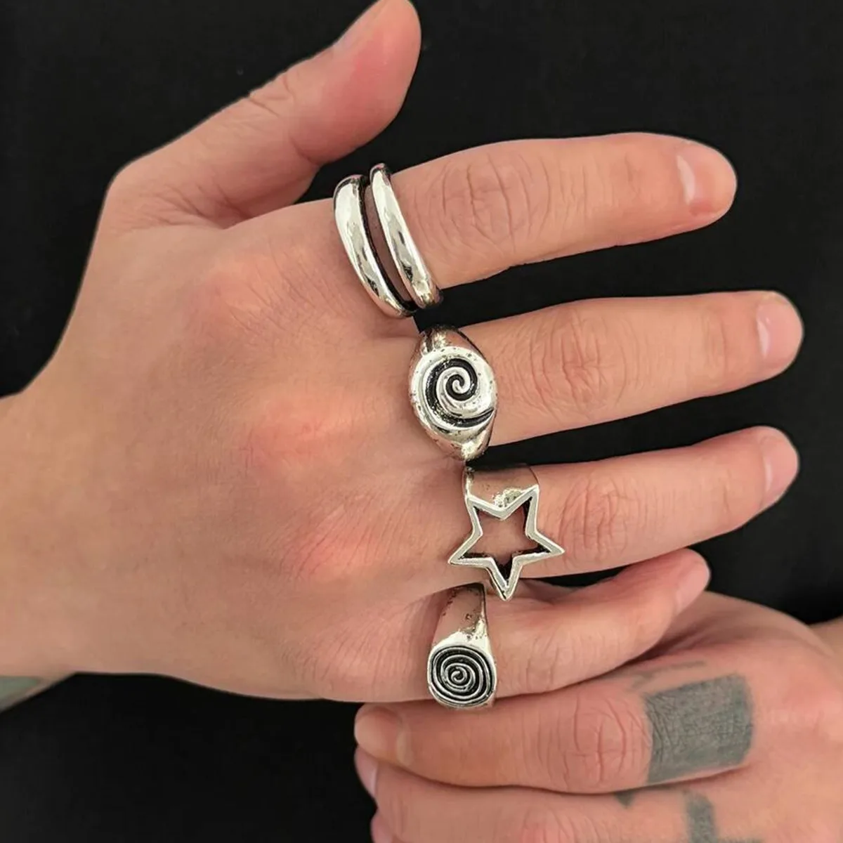 KunJoe 5Pcs/Set Vintage Punk Irregular Hollow Star Spiral Metal Open Ring Women Goth Adjustable Couple Silver Color Ring Jewelry