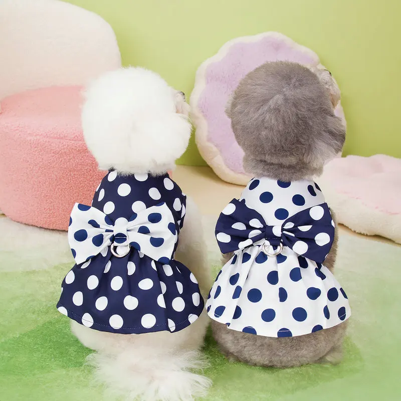 Dog Dress Summer Cute Bow Skirt Round Neck Sleeveless Pet Clothes Teddy Puppy Polka Dot Vest Skirt Towable Pet Clothing