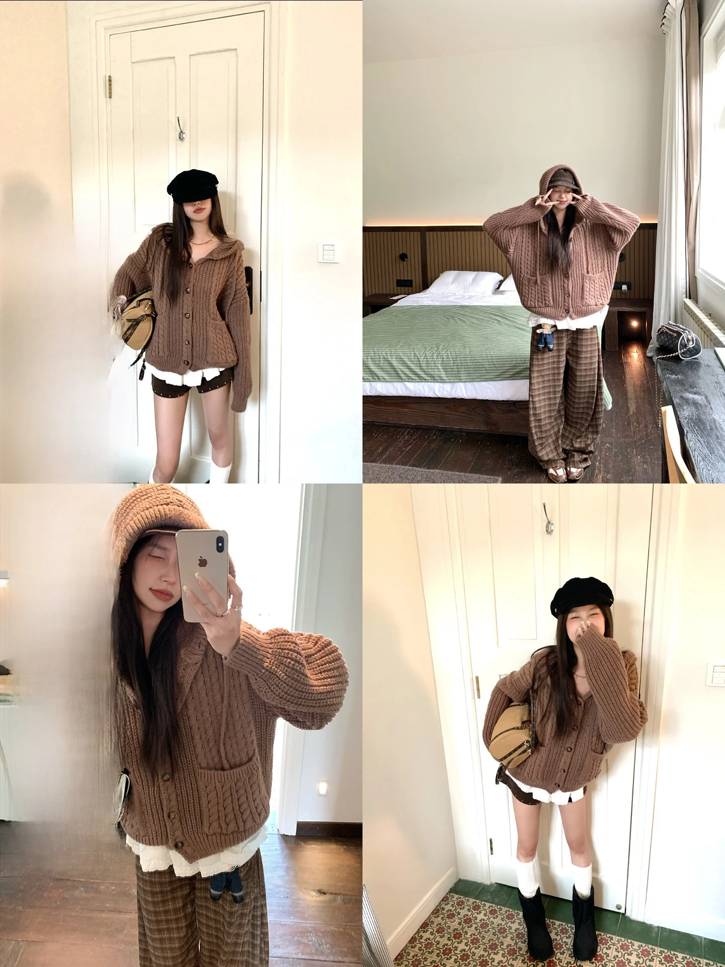 

American Retro Hooded Open Cardigan V-Ne Lazy Sweater Jaet Women's Loose Fit Long Sve Warm Thermal Autumn Winter Clothes