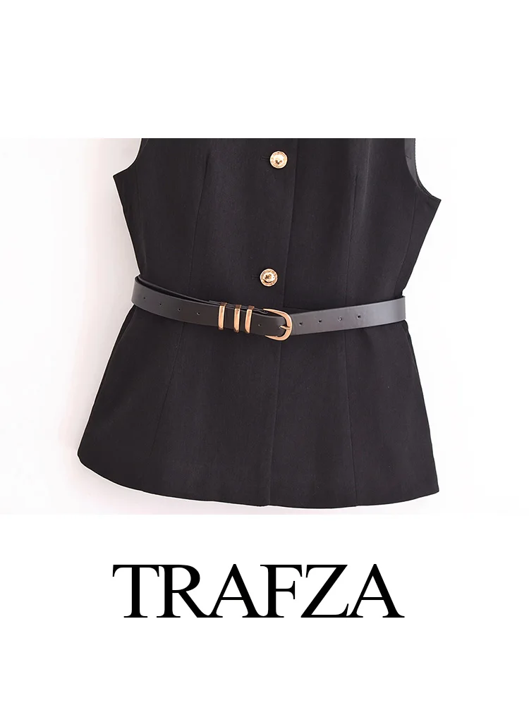 TRAFZA Woman Fashion Solid Single-breasted O-Neck Streetwear Style Top Autumn Women Chic Sleeveless Belt Decorate Slim Vest Top