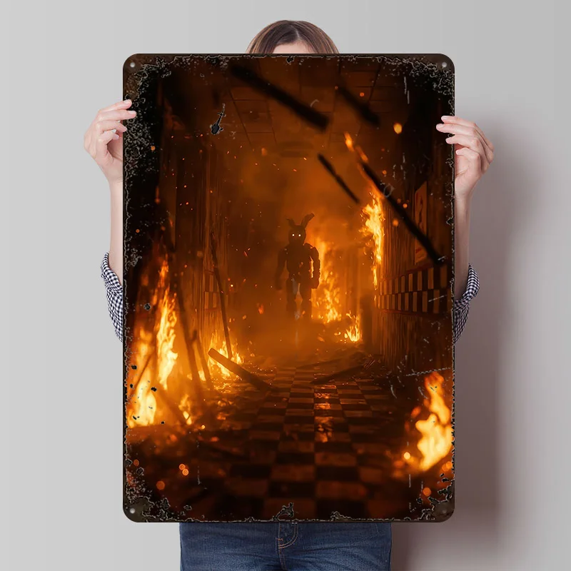 Burning Hallway With Springtrap Metallposter, individuelle Wandkunst, Retro-Vintage-Blechschilder für Männerhöhle, Wanddekoration, Inneneinrichtung