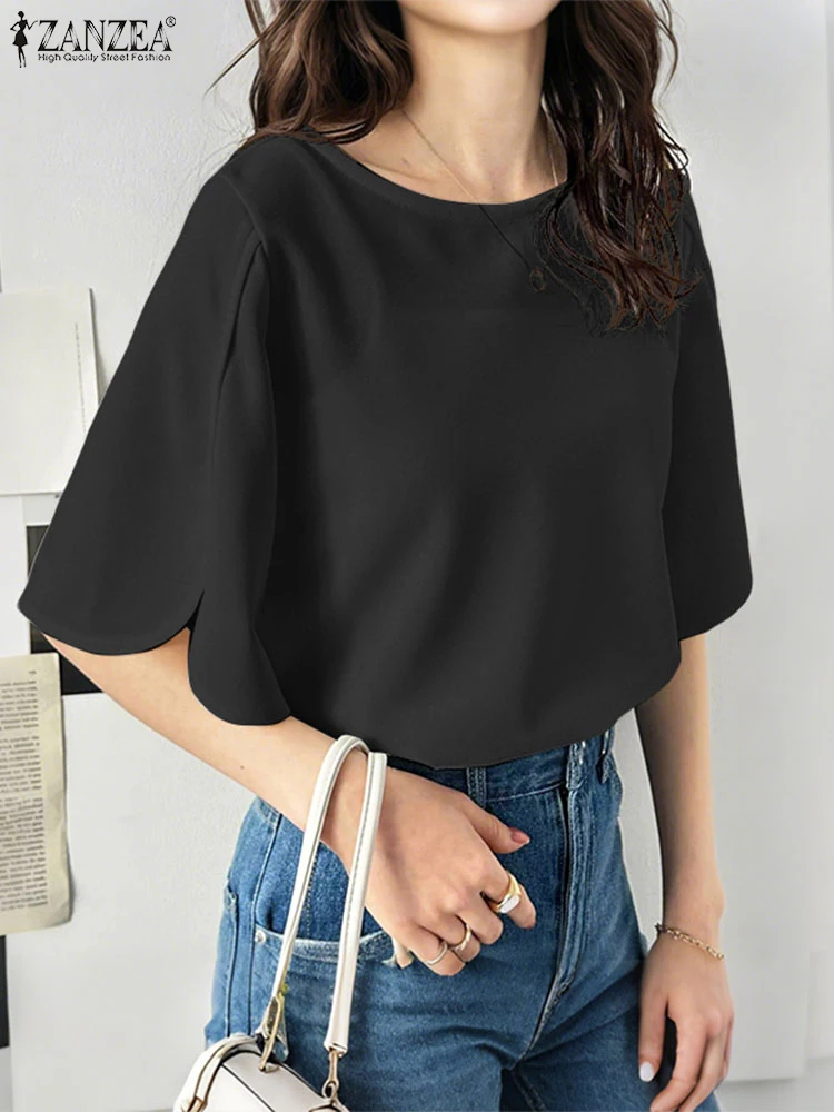 

ZANZEA Women Blouse Solid Color Tunic Tops 2025 Summer Hlaf Flare Sleeve Casual Shirts Vintage Round Neck Loose Blusas Femininas