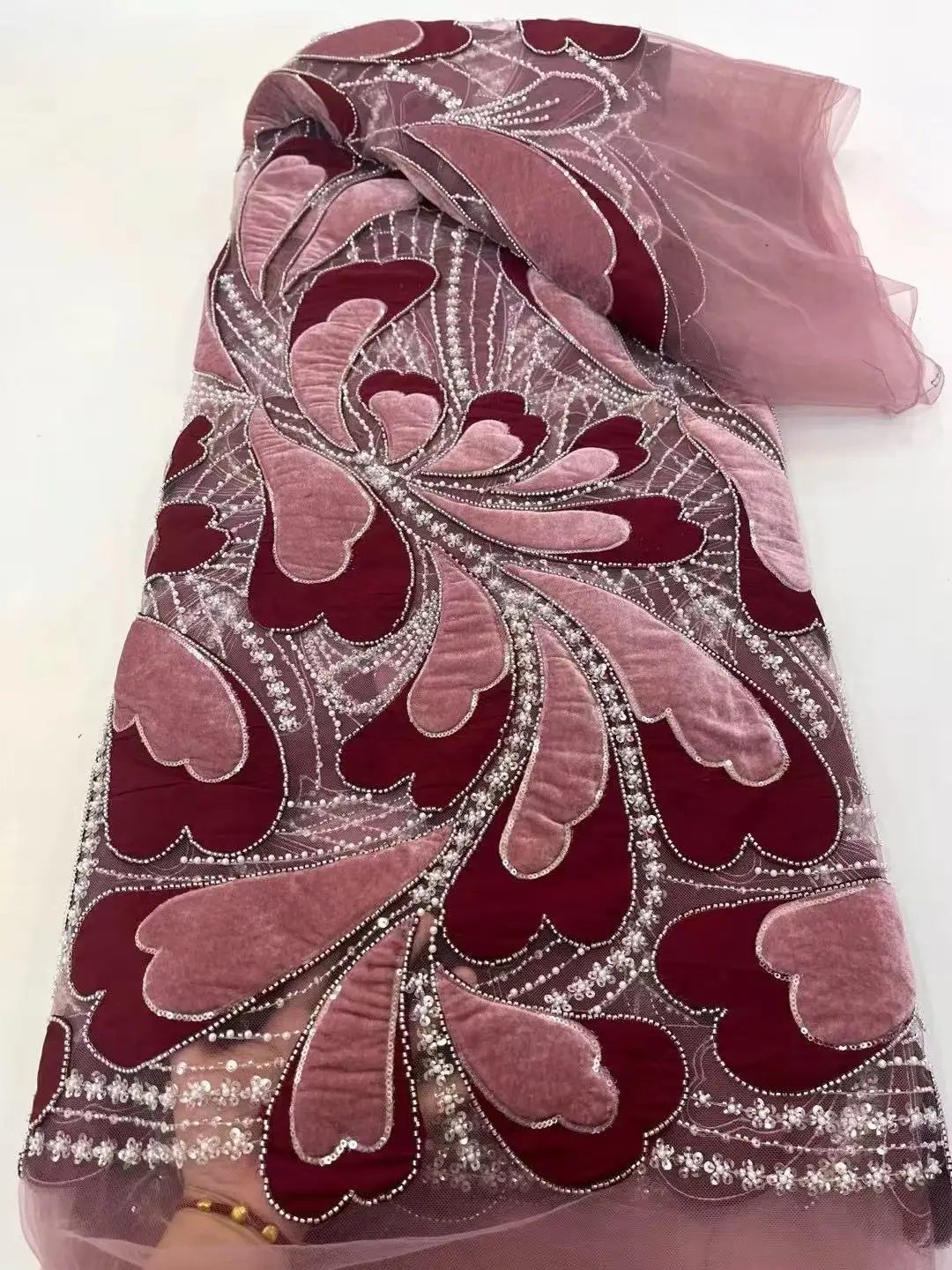 

5 Yards Latest African Beaded Lace Fabric Embroidery French Mesh Sequins Lace Fabric Nigerian Tulle Lace For Party Sewing Dress