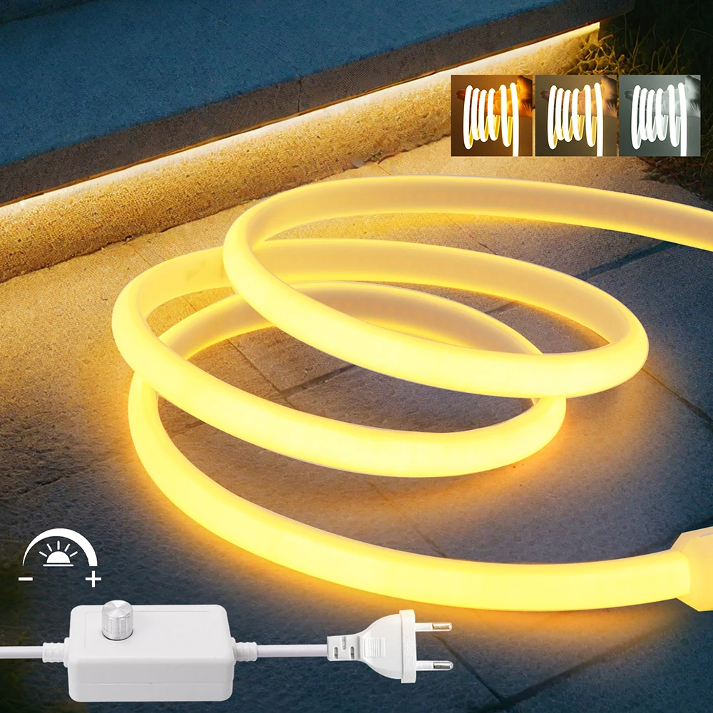 Led cob tira de luz néon regulável 220v dimmer interruptor alimentação kit plugue da ue 288 leds/m tubo leitoso fita flexível lâmpada quente/natural branco