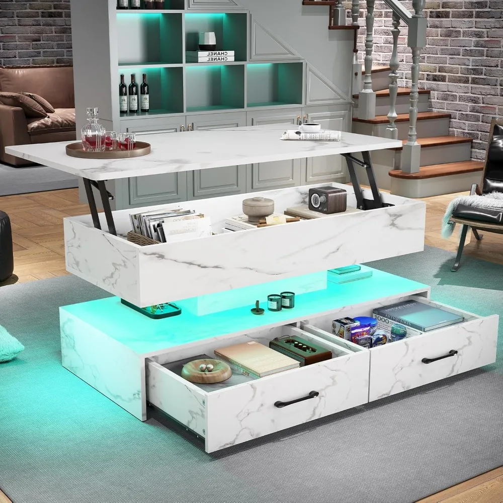 Lift Top Storage Coffee Table with LED Light for Living Room, Small 2 Drawers Space-Saving Furniture