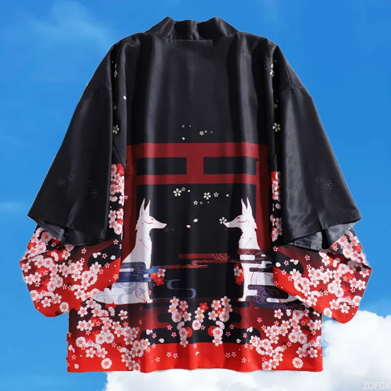 ملابس شارع يابانية فضفاضة مطبوعة على شكل ثعلب أحمر صيفي جديد مع ياقة مفتوحة للرجال والنساء قطع علوية هاراجوكو هيروشي كيمونو التأثيرية