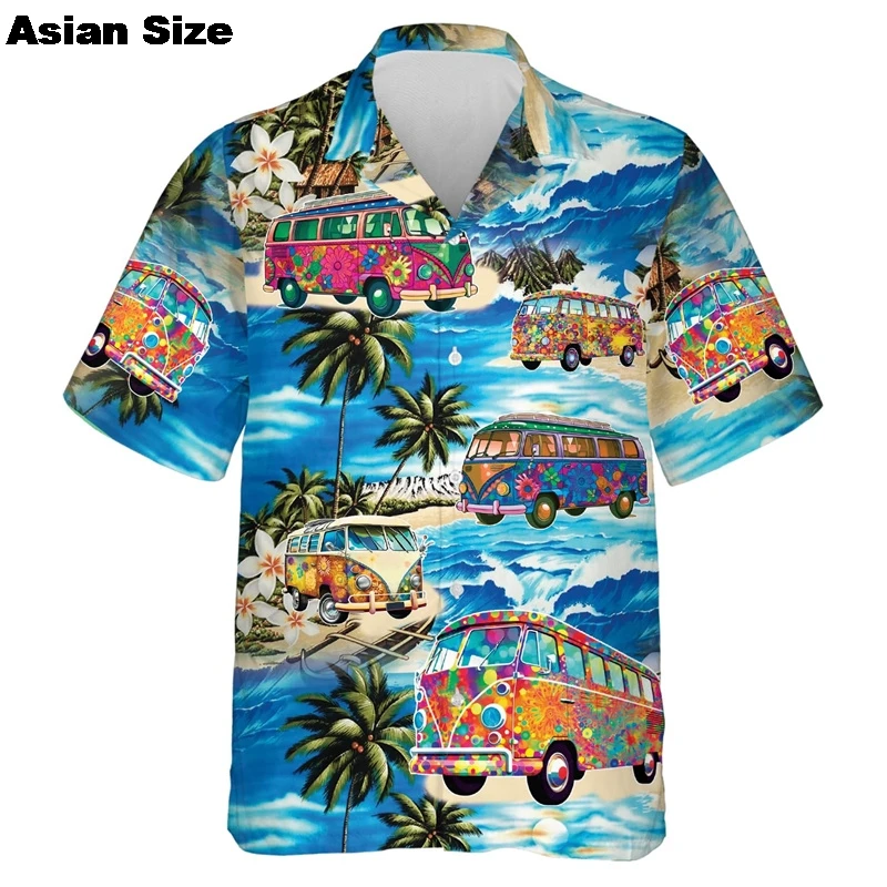 Men's Floral Pattern Hawaiian Shirt Hippie Bus Outdoor Street Short Sleeve Beach Shirt Blouse New In Casual Button Aloha Shirt