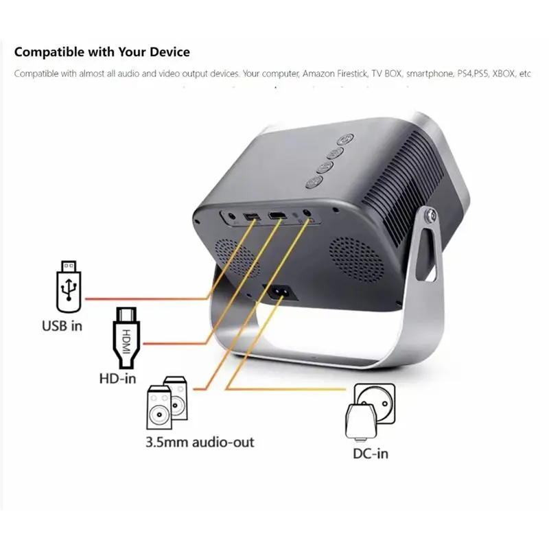 ABNL Mini Wifi Projector With Bluetooth 1080P Electric Focus Home Theater Portable Projector 360°Adjustable Stand Durable US Plu