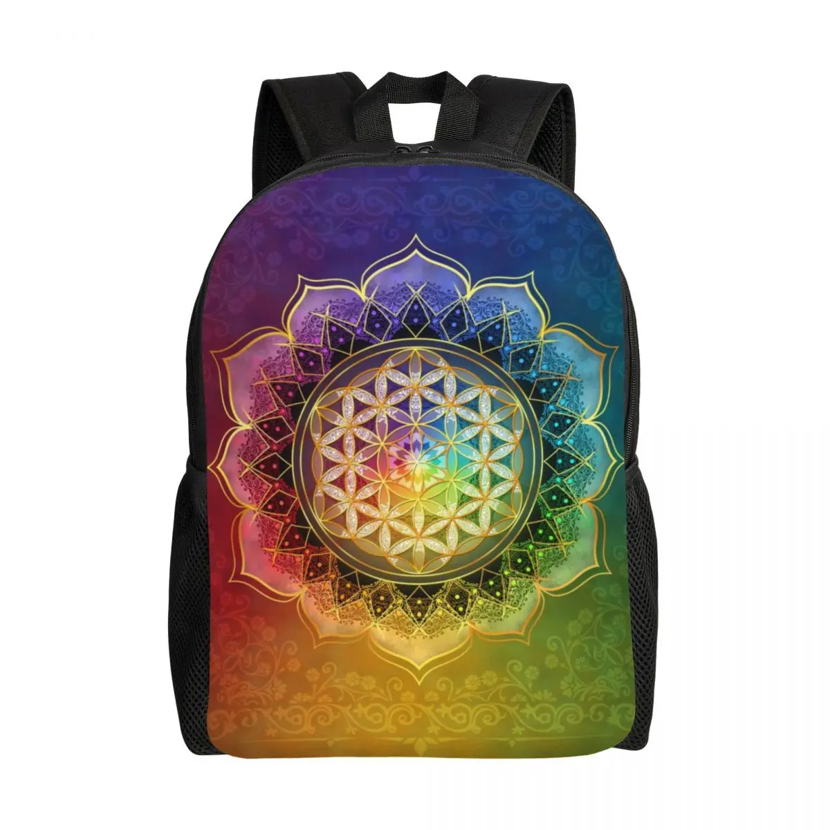 

Rainbow Flower Of Life With Lotus Laptop Backpack Men Women Basic Bookbag for School College Student Sacred Geometry Bag