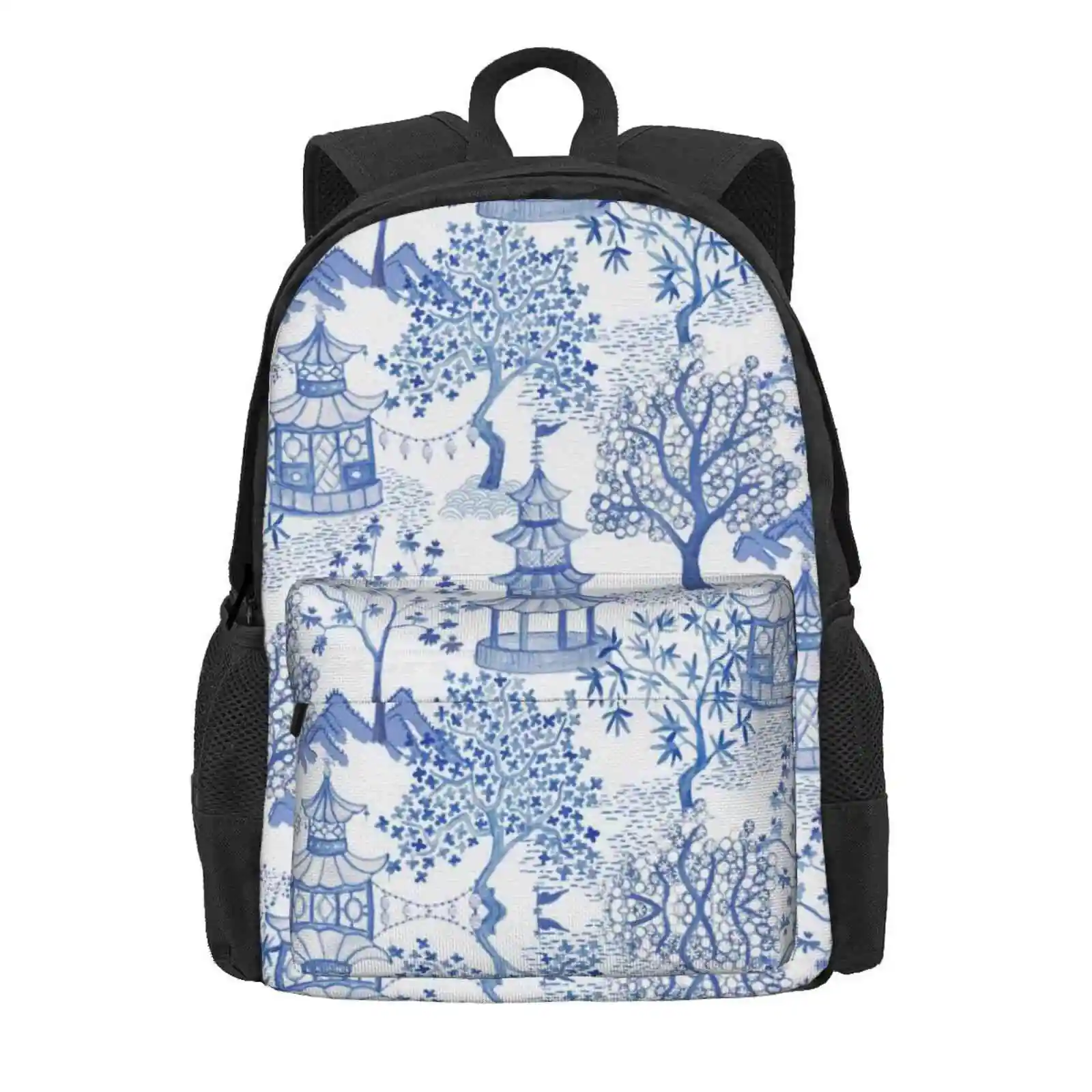 Pagoda Forest In Blues Hot Sale Schoolbag Backpack Fashion Bags Pagoda Chinoiserie Blue And White Blue Willow Delft Trees