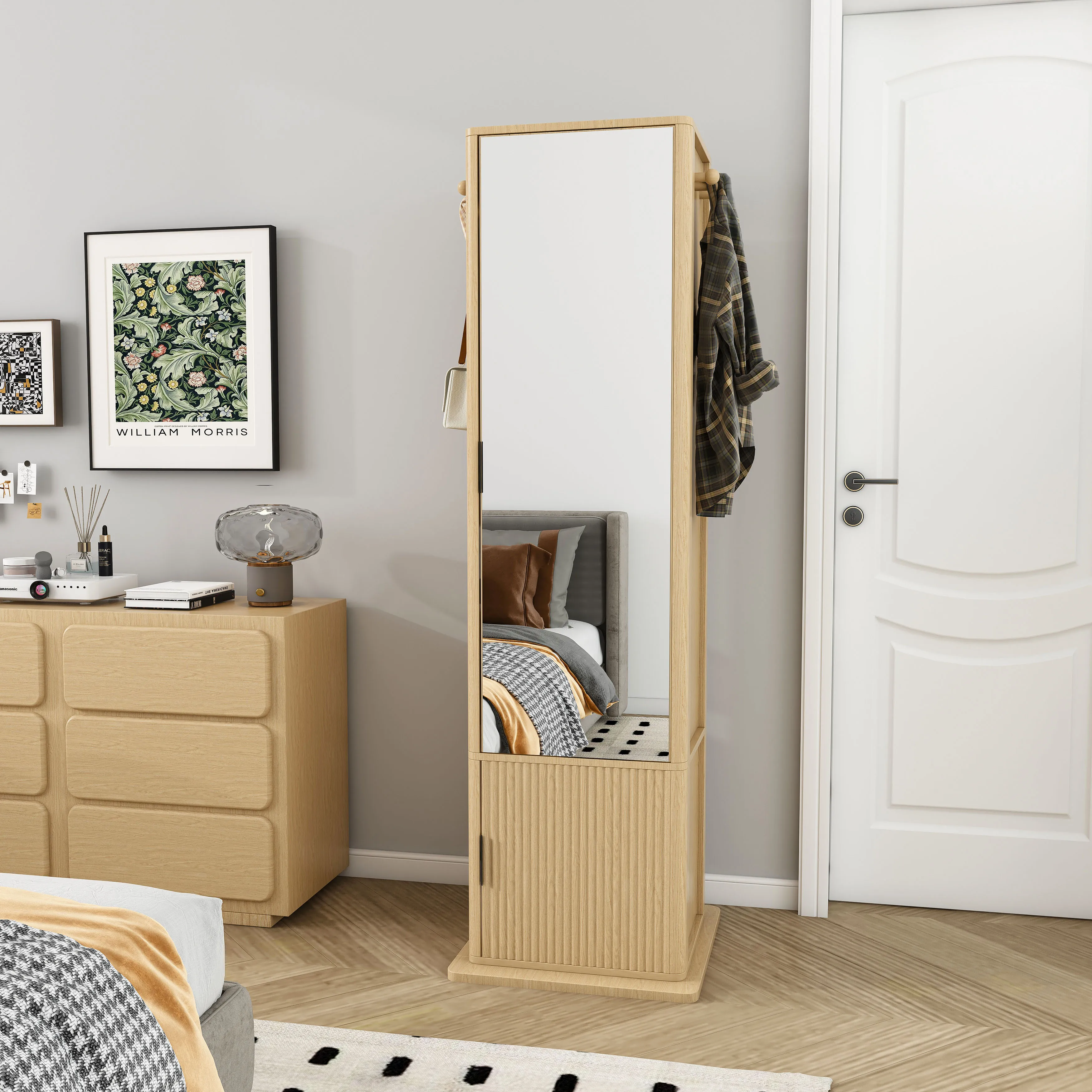 # 360 Rotating Modern Eco-friendly Makeup/jewelry Cabinet Full-length Mirror Standing Storage Coat Rack 4 Open Shelves 2