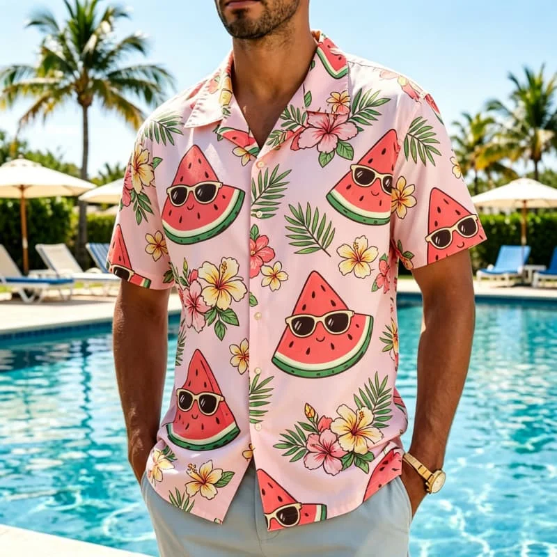 Men's Playful And Interesting Cartoon Fruit Printed Hawaiian shirt, Suitable For Pool parties, Summer vacations, And Daily Wear