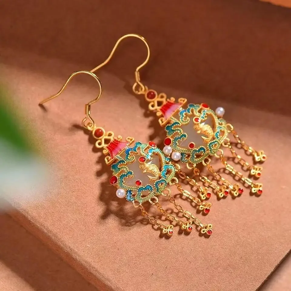 

Vintage Tassel Long Earrings for Women Chinese Style Hanfu Accessories Carp Jumping Gantry