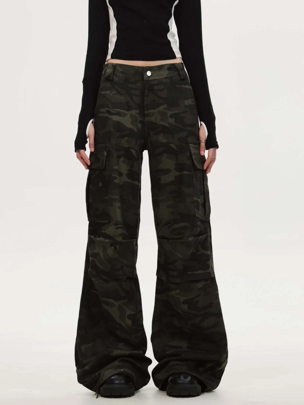 

American Straight Tube Micro-pull Camouflage Overalls Women's Loose Retro High Street Cleanfit Pants Y2k Pants Pants Women
