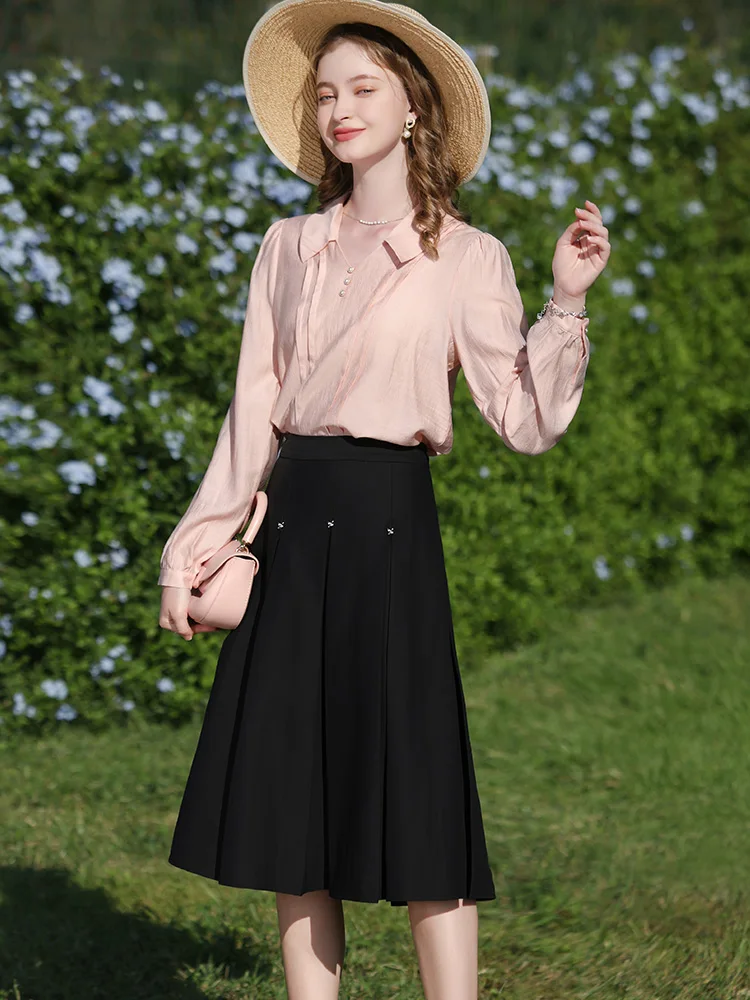 I BELIEVE YOU Black High-waisted Pleated Skirts For Women 2024 Spring New Midi A-line Solid Skirt Foreign Temperament 2241025567