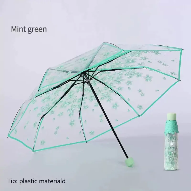 Portable Transparent Sakura Clear Umbrella Cute Cartoon Foldable Three Folding Manual Umbrella for Student Men and Women Travel view 4