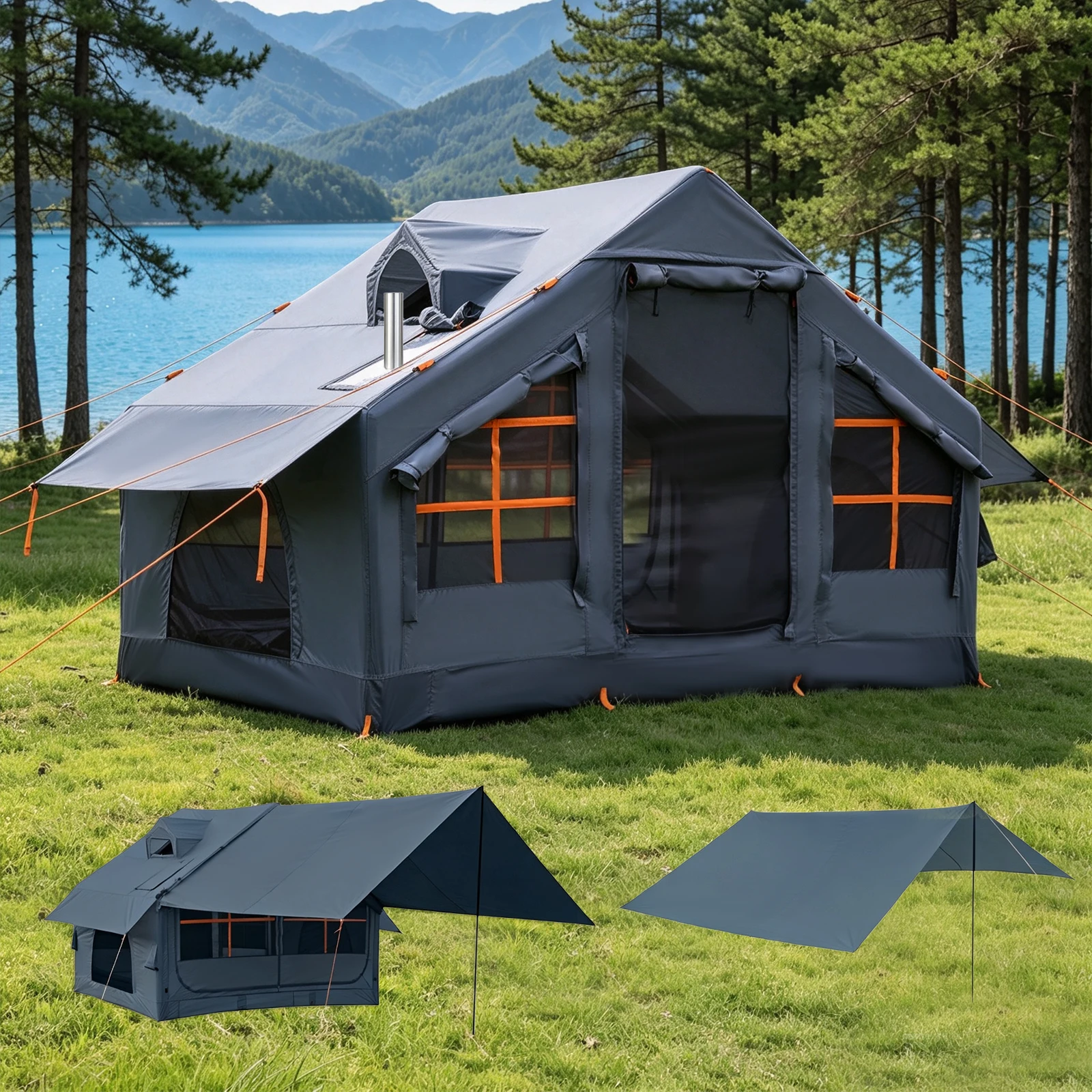 Inflatable Camping Tent - Quick Setup with Pump, 4-6 Person Waterproof PVC Hot Tent & Stove Jack & Rainproof Vent Window, Grey