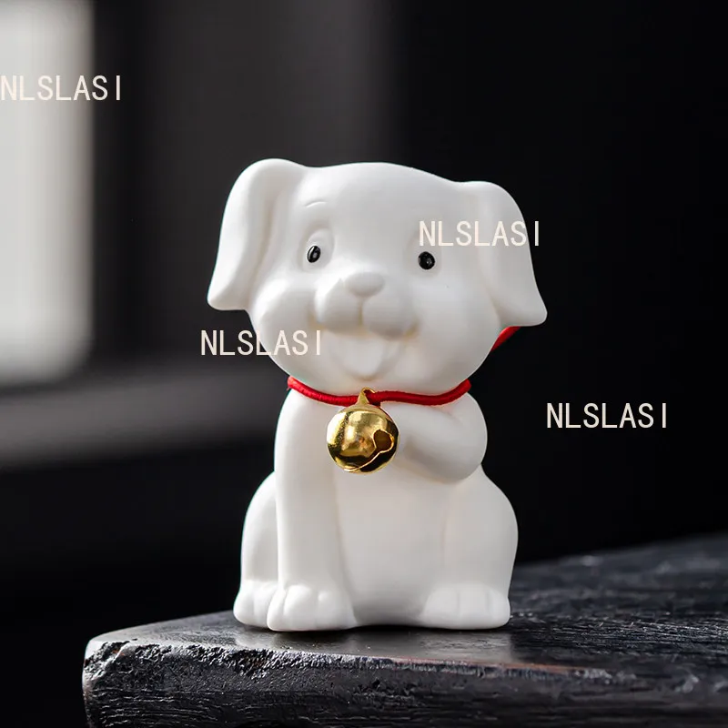 White Porcelain Zodiac Tea Pet Small Dog and Little Pig Wealth Collection Ornament Cute Mini Furniture Decorations Tea Playing